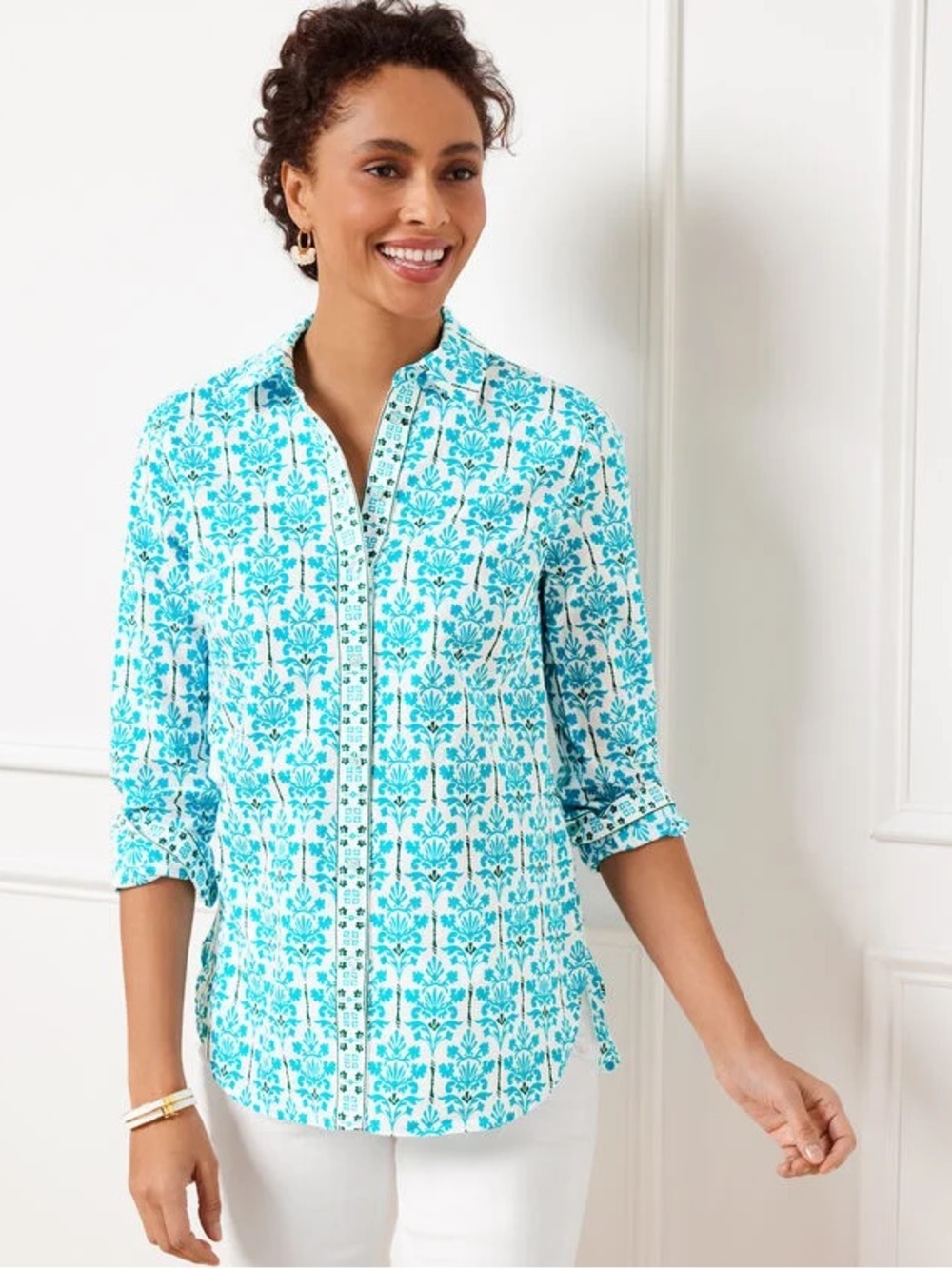 Talbots Aqua Floral Button-Down Shirt Petite Medium